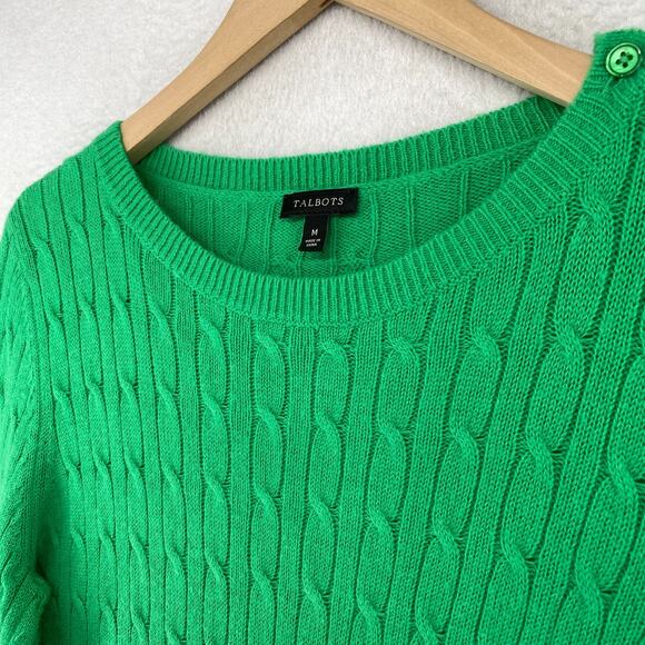 TALBOTS Sweater M Lambswool Blend Cable Ribbed Jumper Button Shoulder Green - Picture 5 of 11